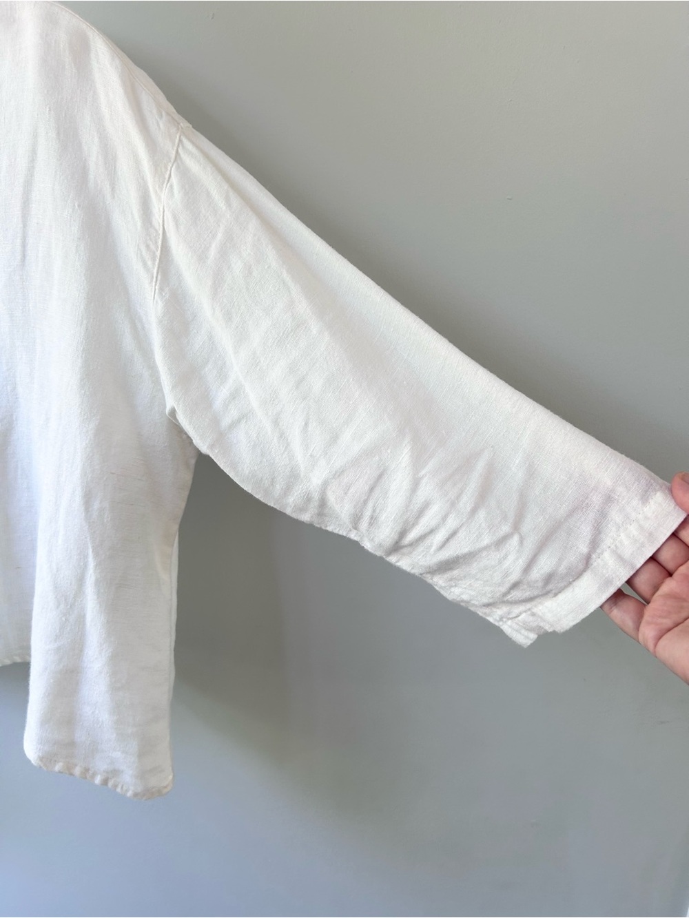 Two-Tone Linen Blend Button-Front Blouse - White & Taupe - Picture 2 of 11